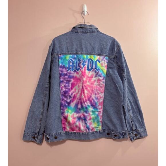AC/DC Denim Jacket Tie-Dye Back Button Closure Size XL - Picture 1 of 5